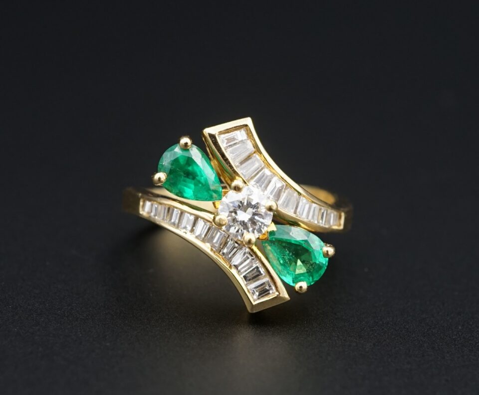 Vintage Natural Emerald and Diamond Bypass Ring, 1.5 Ct, 14k Gold