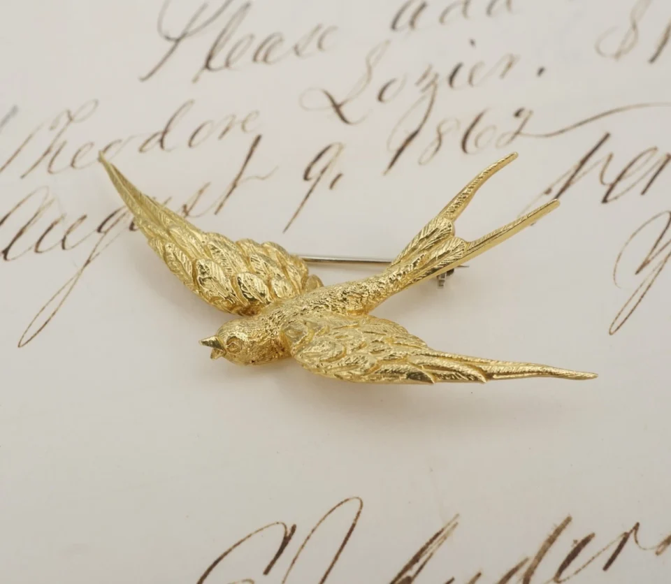 Vintage Swallow Bird Brooch, 18k Yellow Gold, 2", view 2