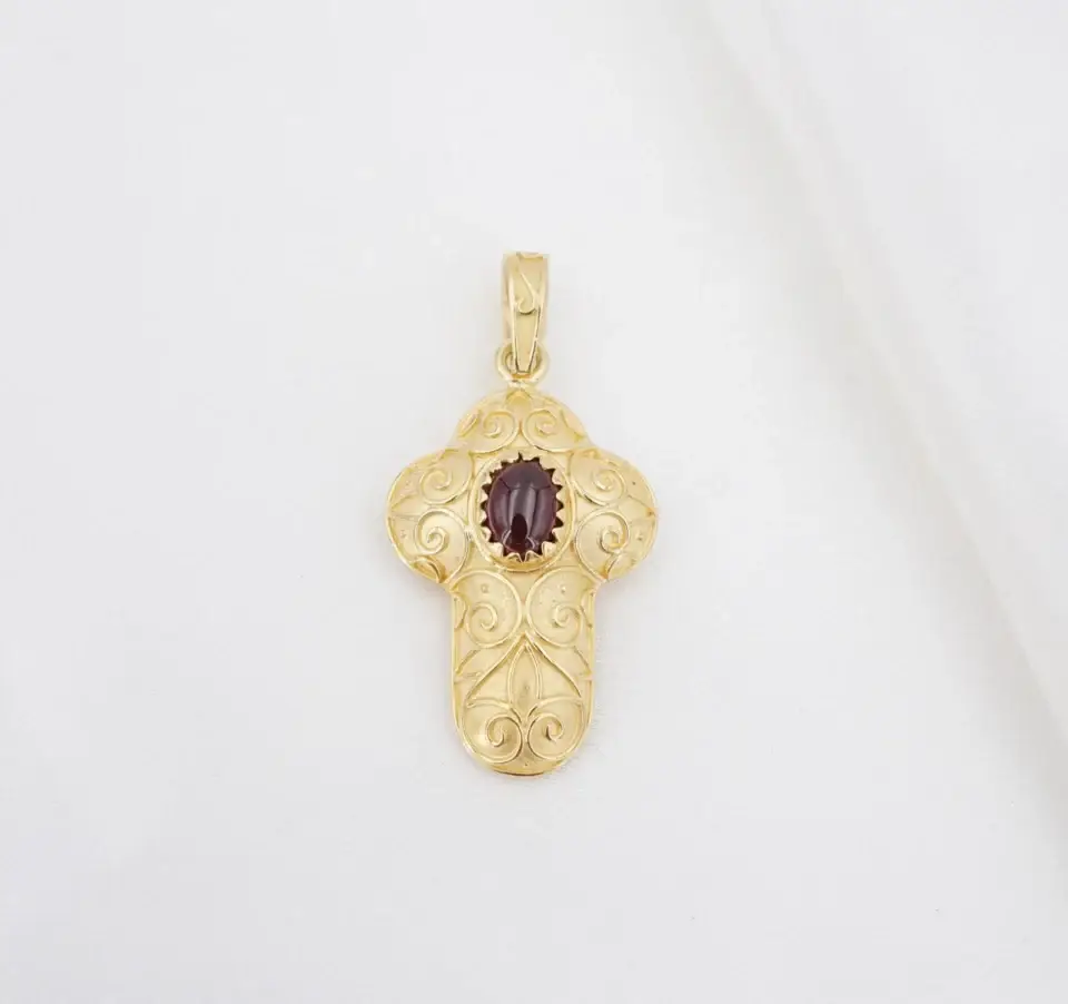 Vintage Italian Rhodolite Garnet Puffy Cross Pendant, 18k Gold, view 2
