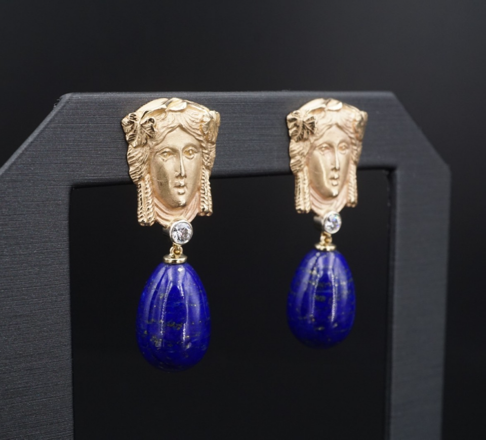 Goddess Repousse Lapis and Diamond Drop Earrings, 14k Yellow Gold, view 2