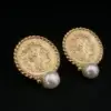 Vintage Roman Coin Style Pearl Drop Earrings, 14k Yellow Gold, view 3