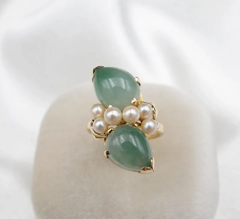 Vintage Ming's Jade and Pearl Bypass Ring, 14k Yellow Gold, view 2