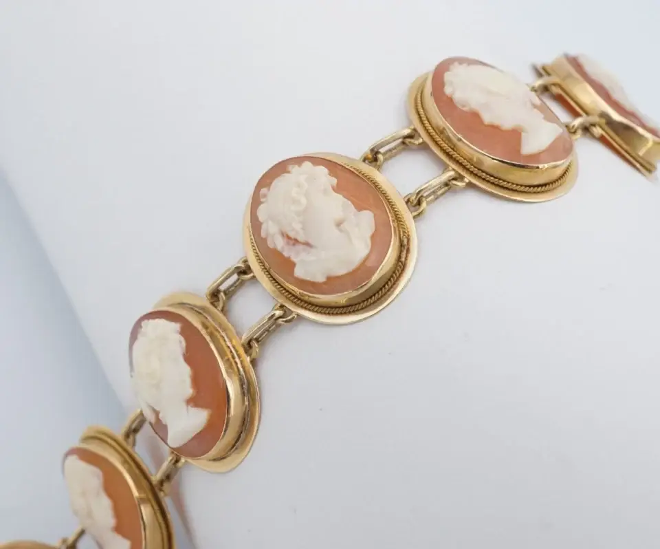 Vintage Carved Shell Cameo Bracelet, 14k Yellow Gold, 7"