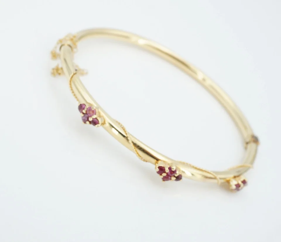Antique Roped Ruby Hinged Bangle Bracelet, 14k Yellow Gold
