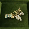 Vintage Turquoise and Pearl Flower Spray Brooch, 14k Yellow Gold, view 4