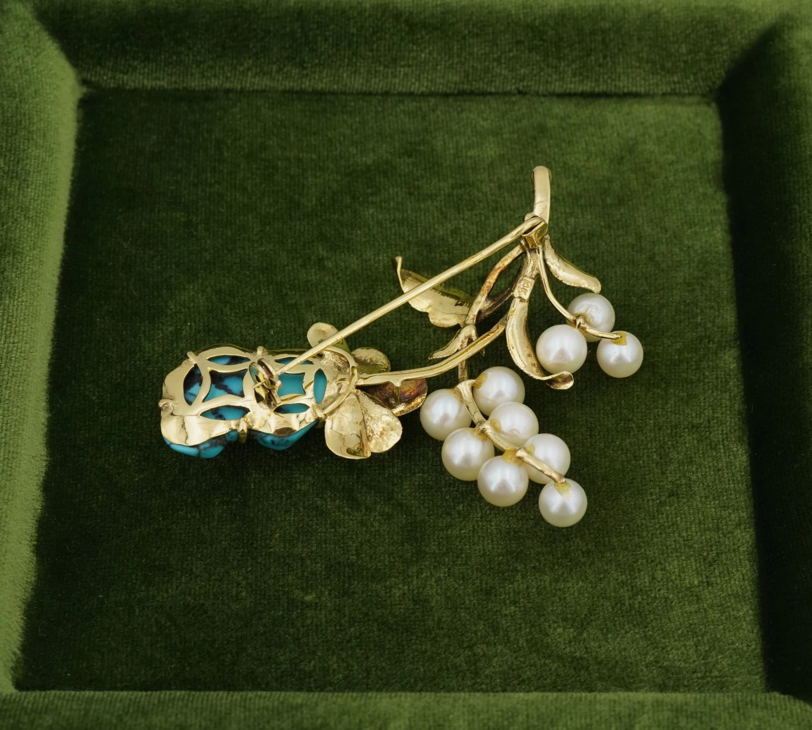 Vintage Turquoise and Pearl Flower Spray Brooch, 14k Yellow Gold, view 4