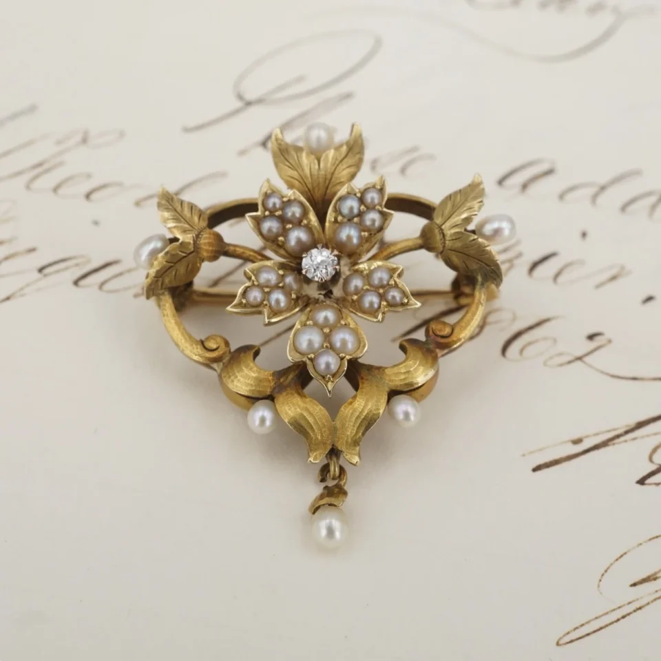 Art Nouveau Seed Pearl and Diamond Brooch, 14k Yellow Gold, view 2