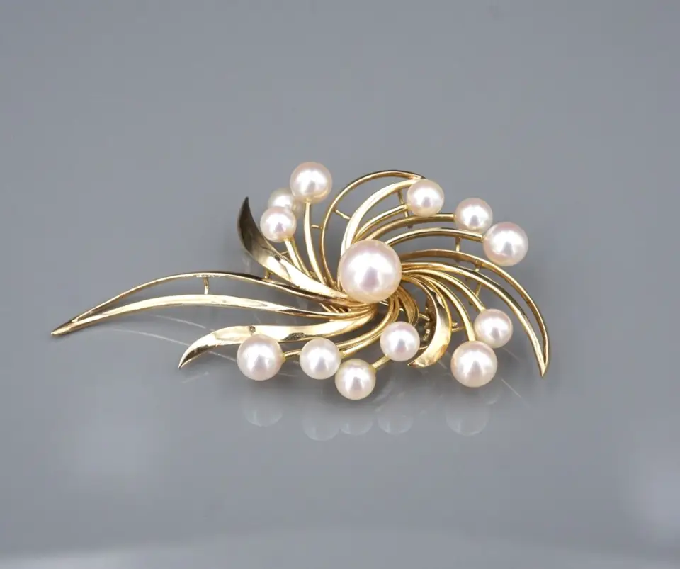 Mikimoto South Sea and Akoya Pearl Ribbon Brooch, 14k Yellow Gold, view 2