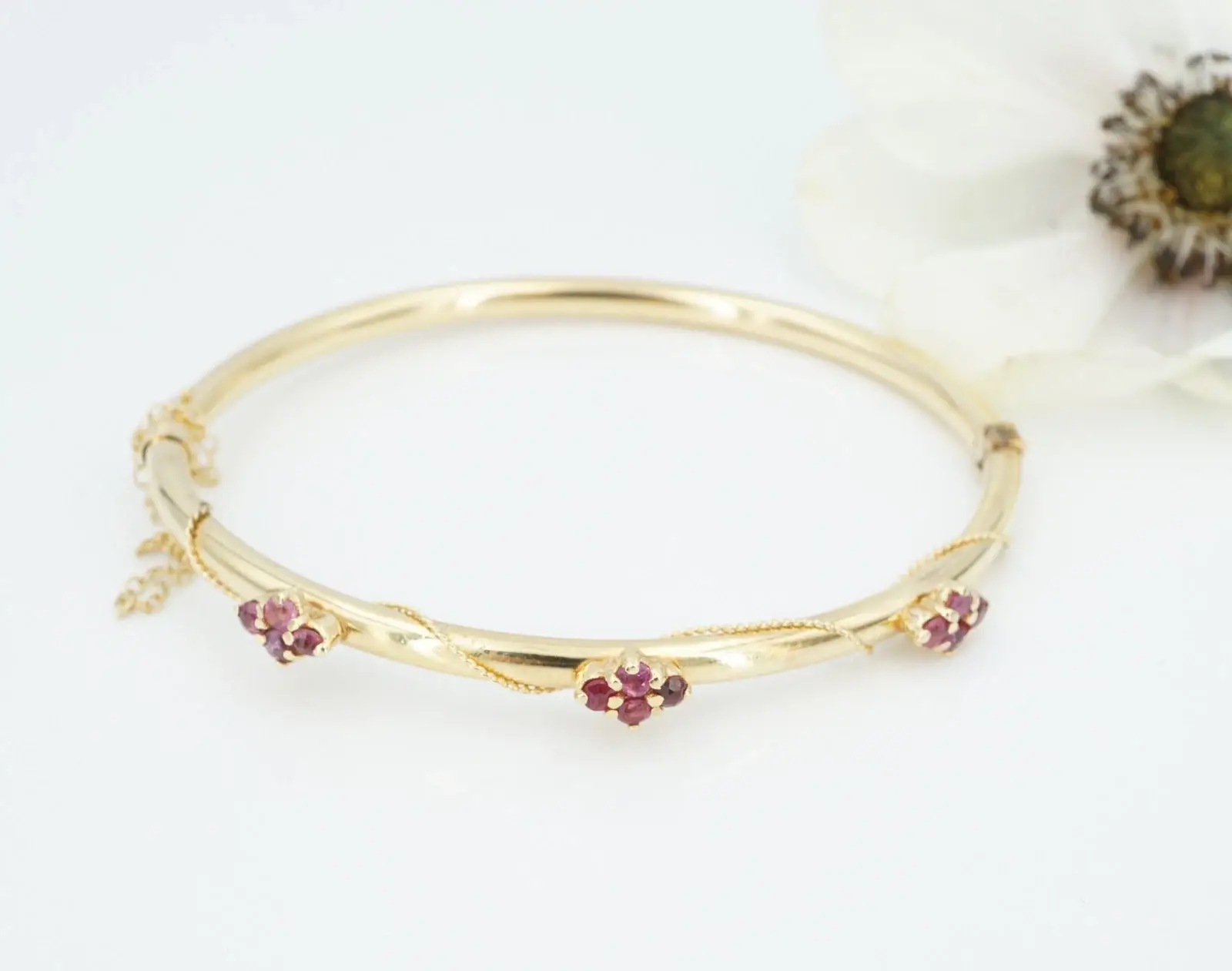 Antique Roped Ruby Hinged Bangle Bracelet, 14k Yellow Gold, view 3