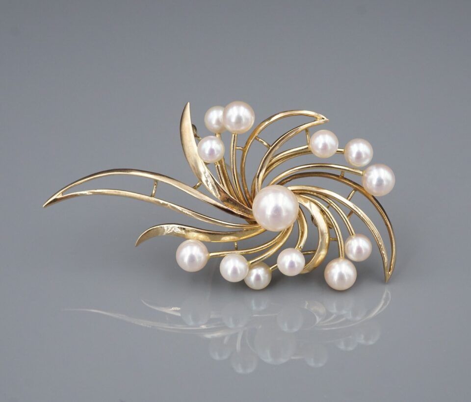 Mikimoto South Sea and Akoya Pearl Ribbon Brooch, 14k Yellow Gold