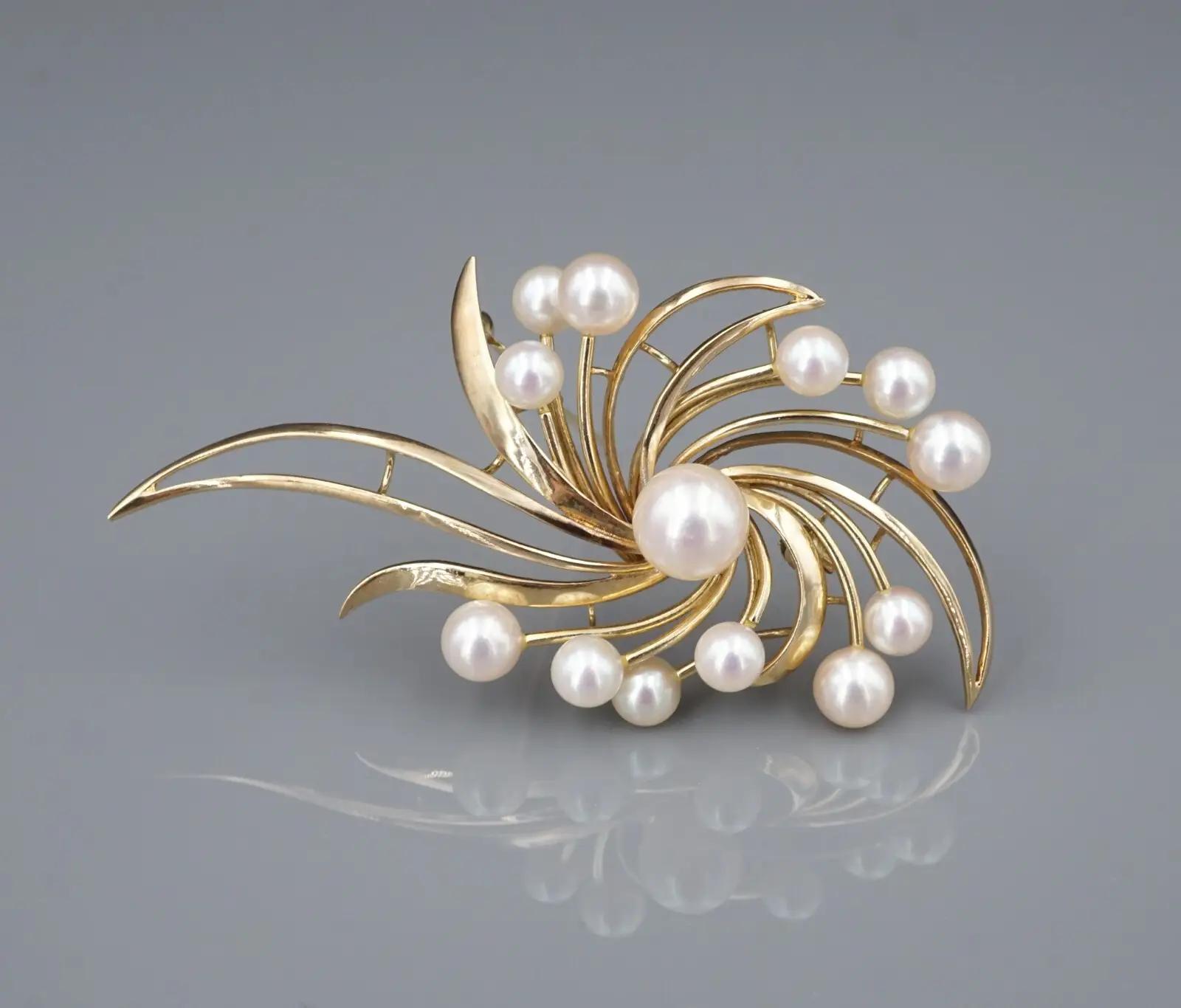 Mikimoto South Sea and Akoya Pearl Ribbon Brooch, 14k Yellow Gold, view 1