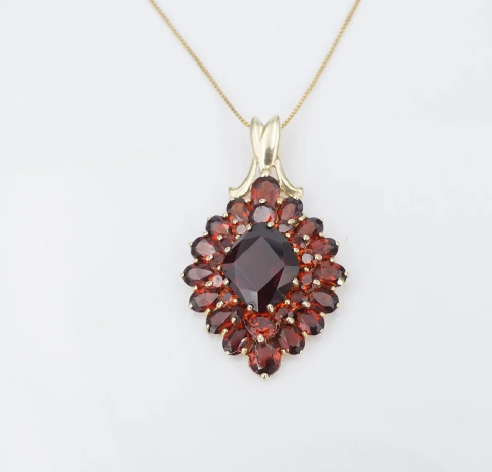 Vintage Garnet Cluster Pendant Necklace, 14k Yellow Gold, 18"