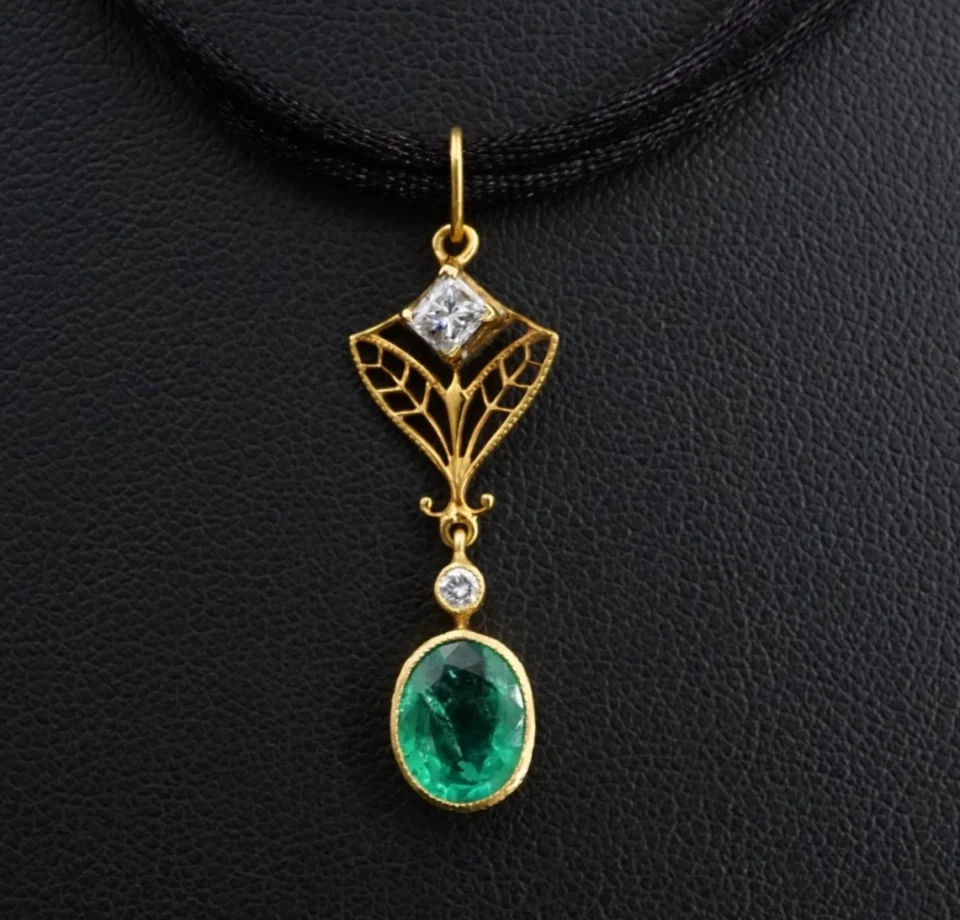Art Nouveau Style Diamond and Emerald Lavalier Pendant, 18k Gold, view 2