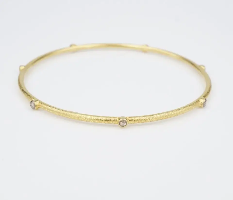 18k Diamond Station Bangle Bracelet Yellow Gold 7.5" Textured Vintage BG1039