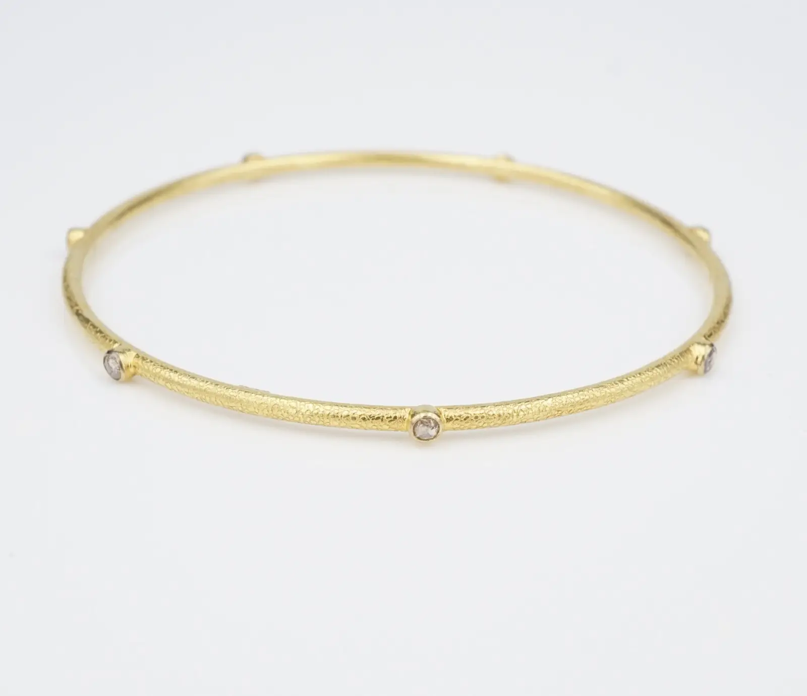 18k Diamond Station Bangle Bracelet Yellow Gold 7.5" Textured Vintage, view 1