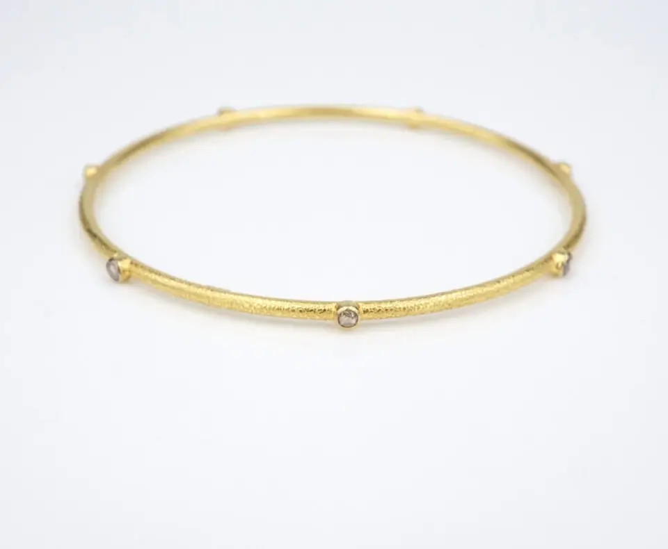 18k Diamond Station Bangle Bracelet Yellow Gold 7.5" Textured Vintage, view 2