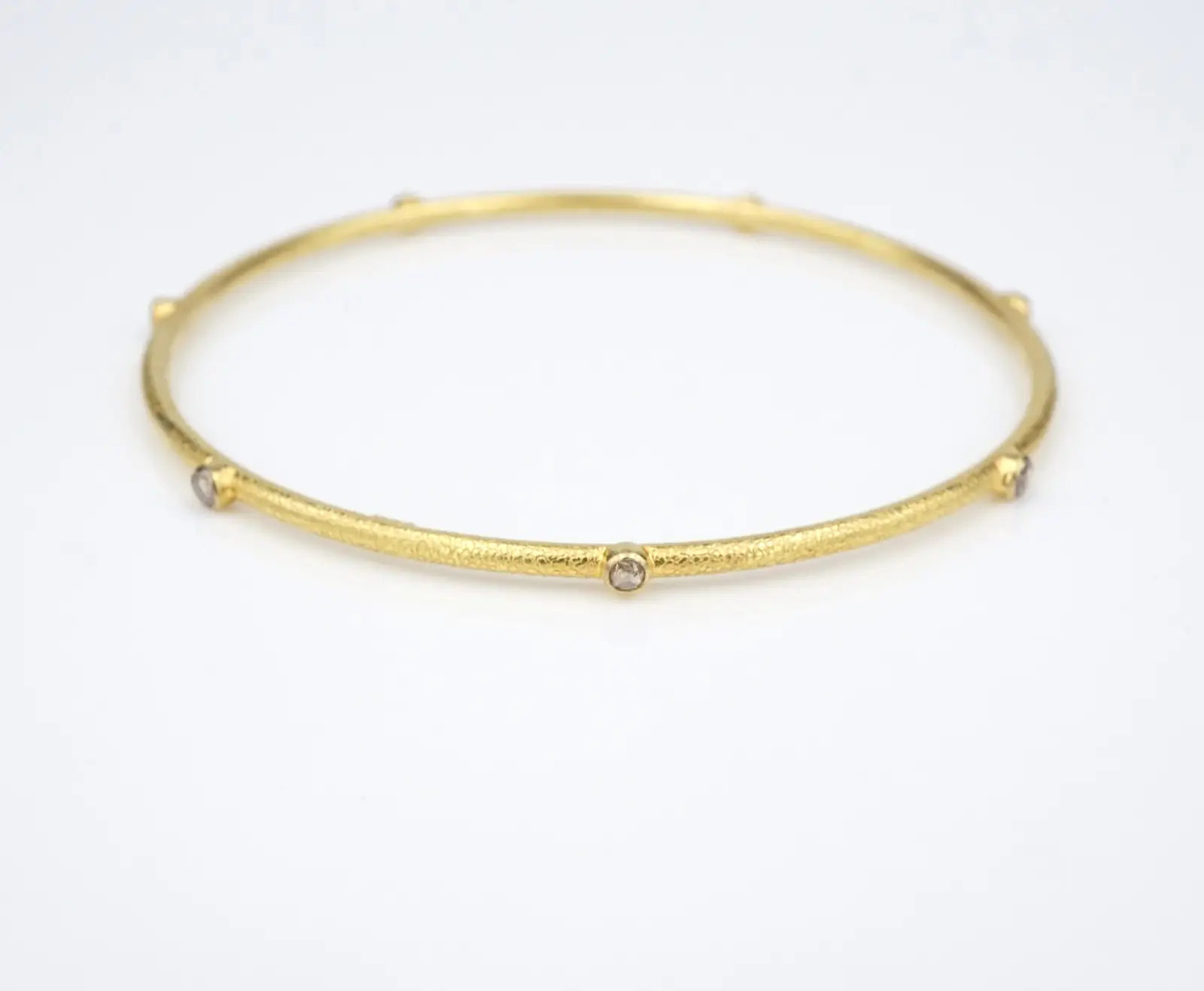 18k Diamond Station Bangle Bracelet Yellow Gold 7.5" Textured Vintage, view 2