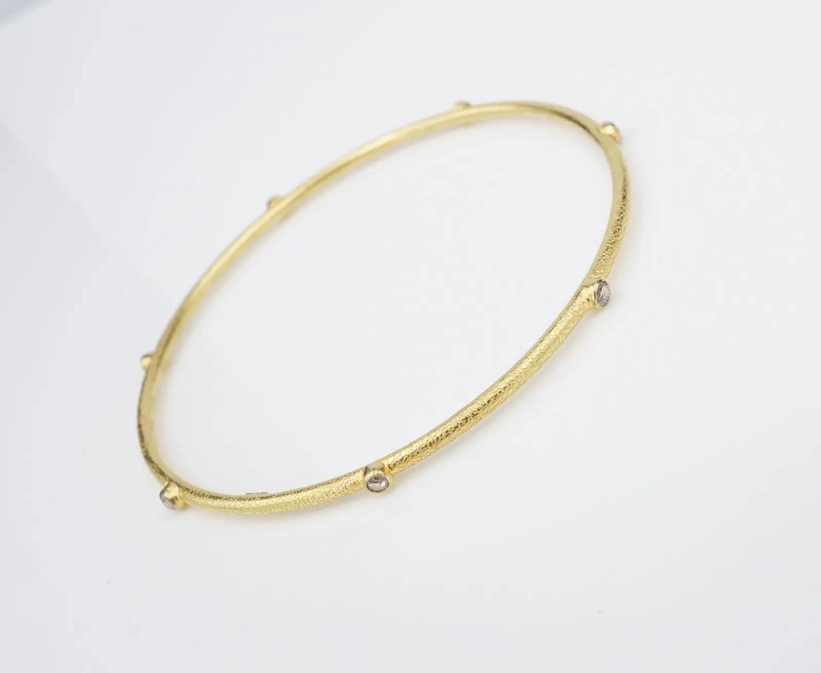 18k Diamond Station Bangle Bracelet Yellow Gold 7.5" Textured Vintage, view 3