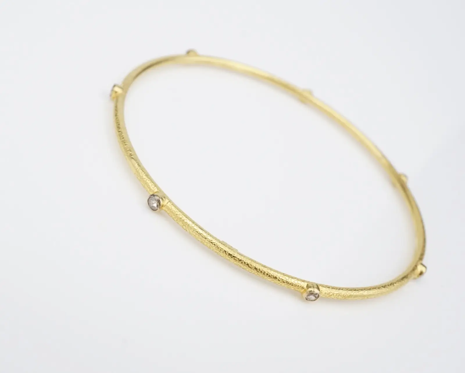 18k Diamond Station Bangle Bracelet Yellow Gold 7.5" Textured Vintage, view 4