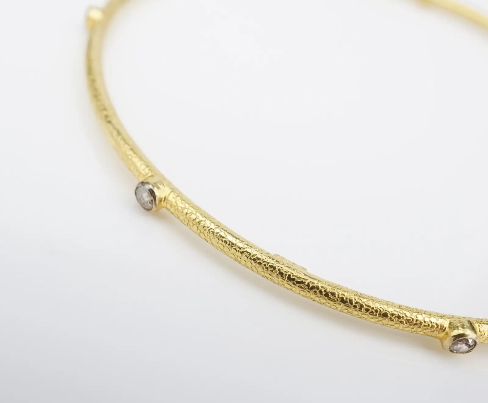 18k Diamond Station Bangle Bracelet Yellow Gold 7.5" Textured Vintage, view 5