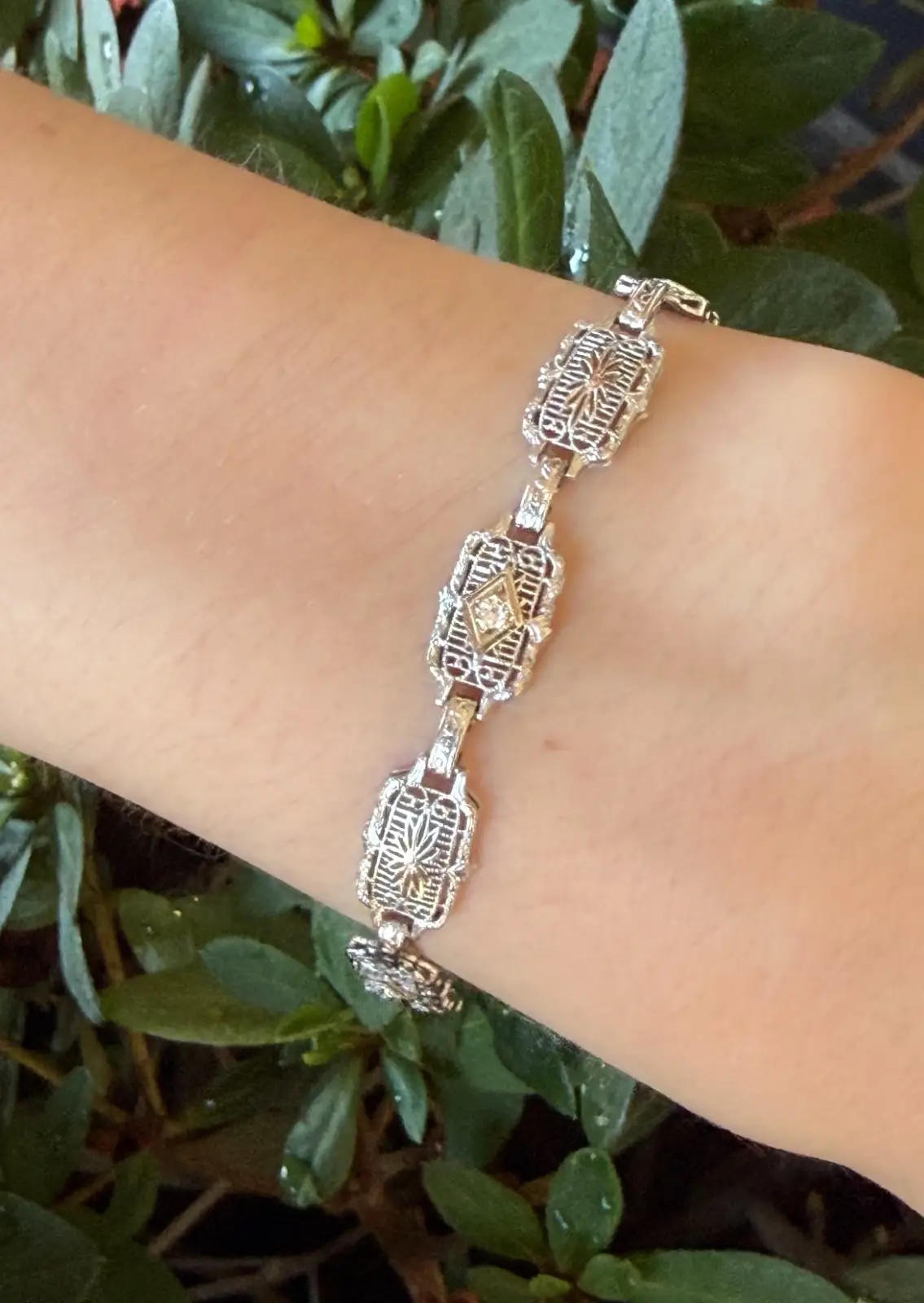 Art Deco Diamond Filigree Panel Bracelet, 14k White Gold, view 3