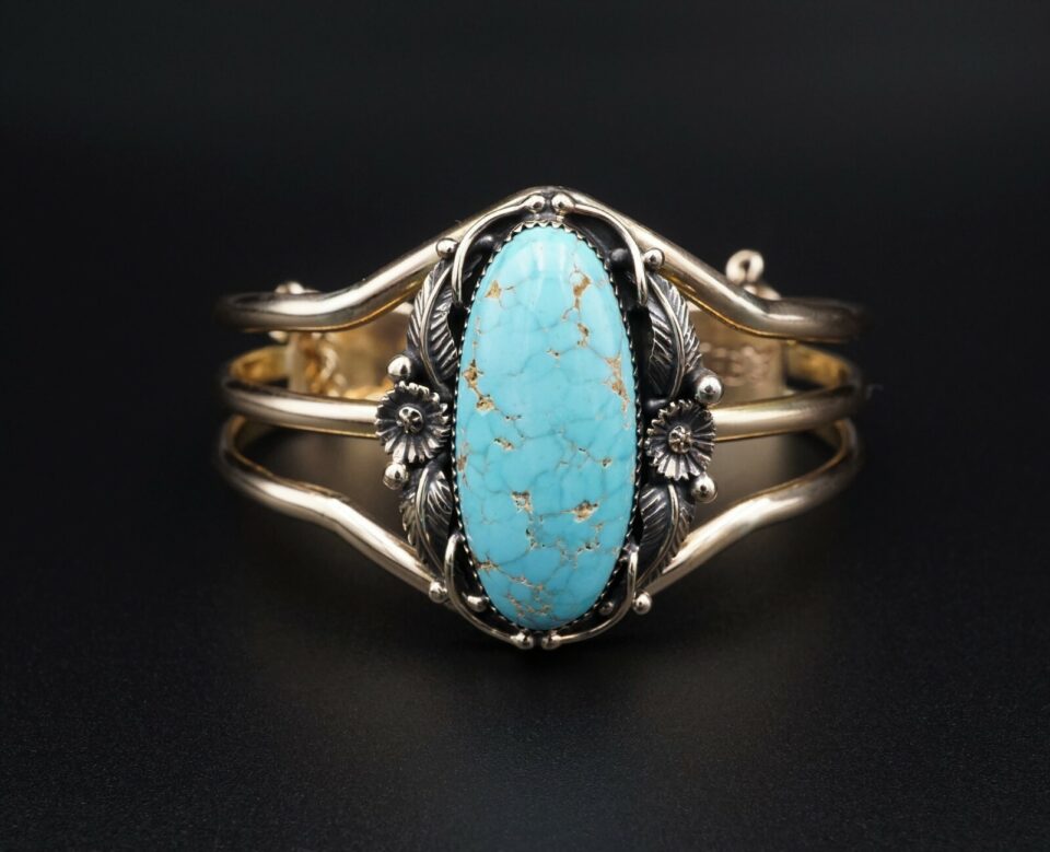 Vintage Emil Benally Navajo Turquoise Cuff Bracelet, 14k Yellow Gold