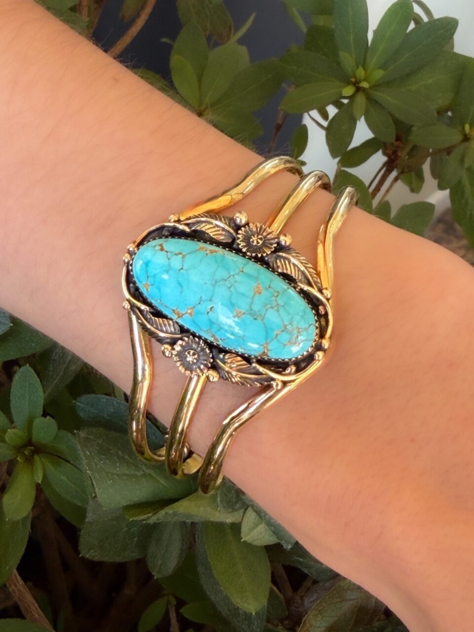 Navajo Emil Benally Vintage 14k Yellow Gold Turquoise Cuff Bracelet 6.25", view 2