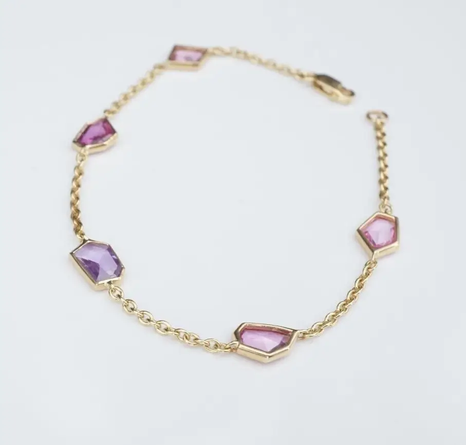 New 14k Yellow Gold Pink Purple 3 carat Sapphire 5 Station Bracelet 7", view 2