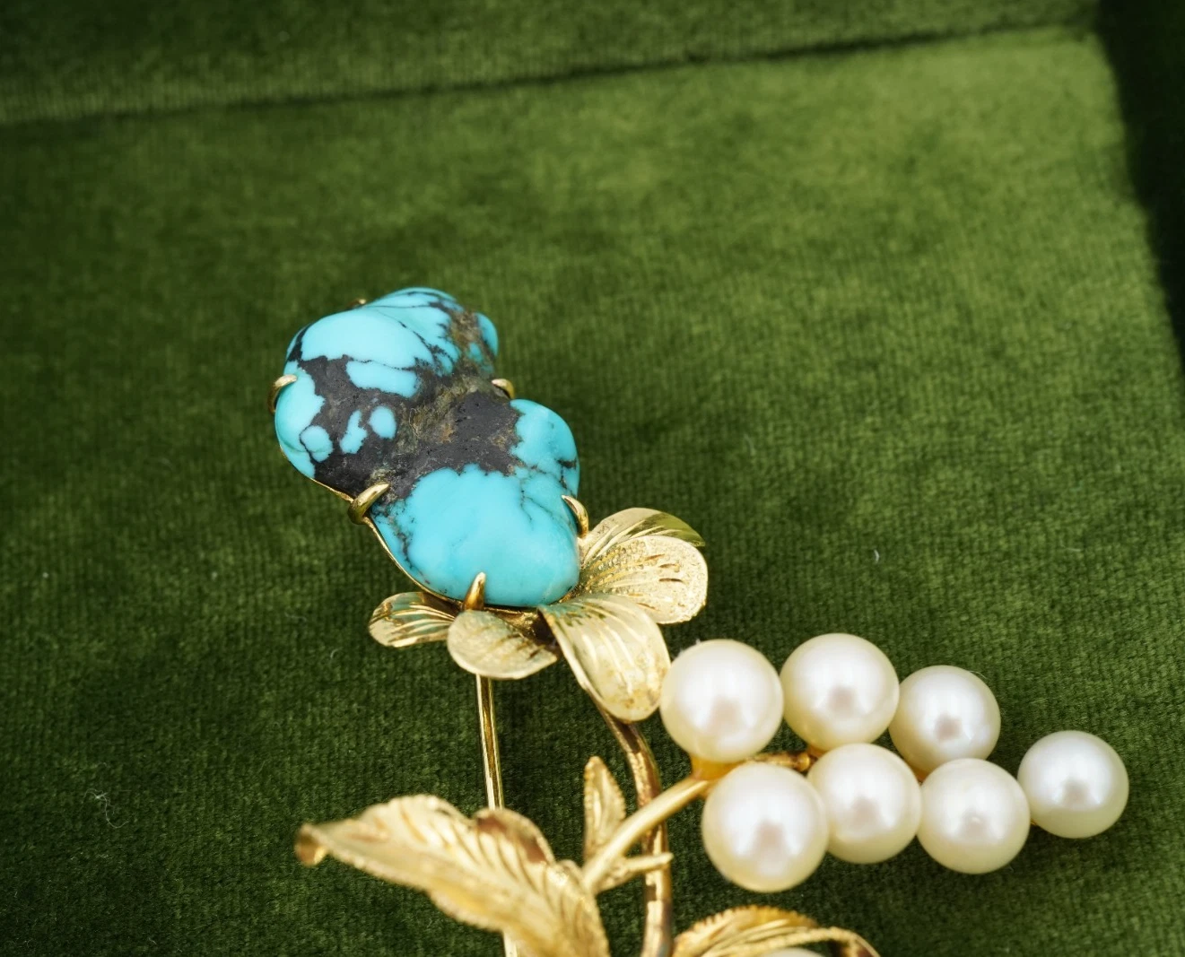 Vintage Turquoise and Pearl Flower Spray Brooch, 14k Yellow Gold, view 3