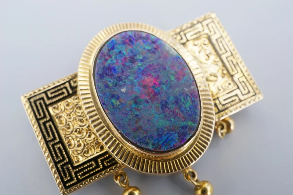 Antique Black Opal Doublet and Enamel Brooch, 14k Yellow Gold