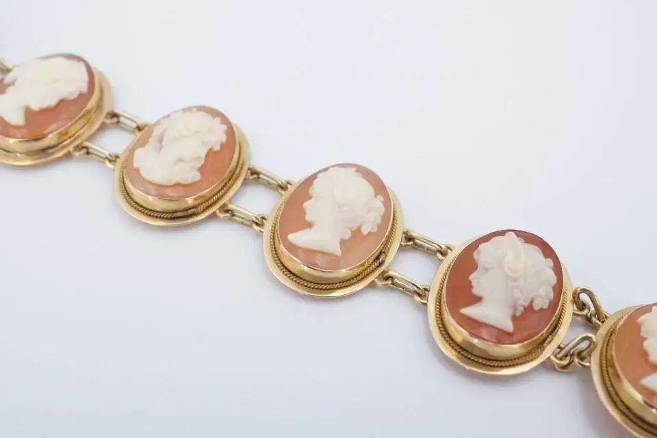Vintage Carved Shell Cameo Bracelet, 14k Yellow Gold, 7", view 2