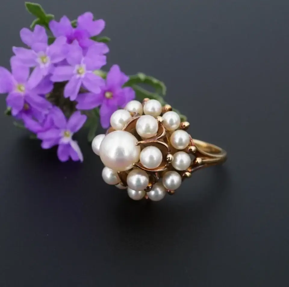 Vintage Mikimoto Pearl Cluster Dome Ring, 14k Yellow Gold