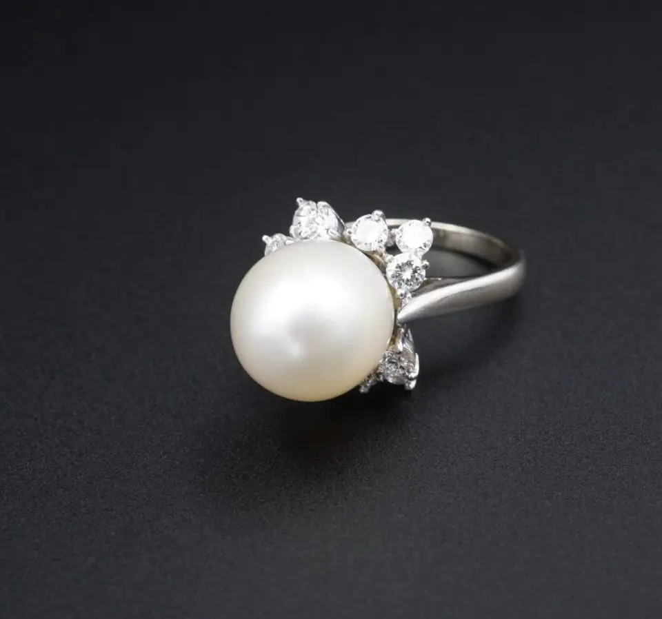 Vintage 11mm Pearl and Diamond Halo Cocktail Ring, 18k White Gold, view 2