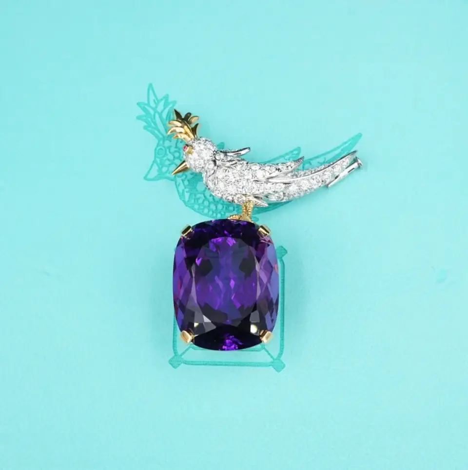 Tiffany Co. Platinum Bird on a Rock Amethyst Diamond Brooch 2 inch 18k Gold - view 2