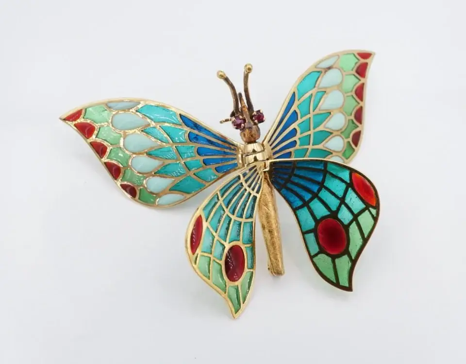 Estate Plique-a-Jour Enamel Butterfly Brooch, 18k Yellow Gold, view 2