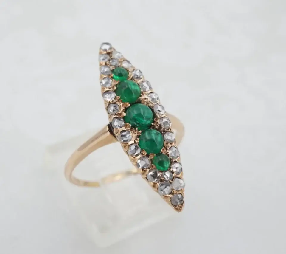 Antique Natural Emerald and Diamond Navette Halo Ring, 1 Ct