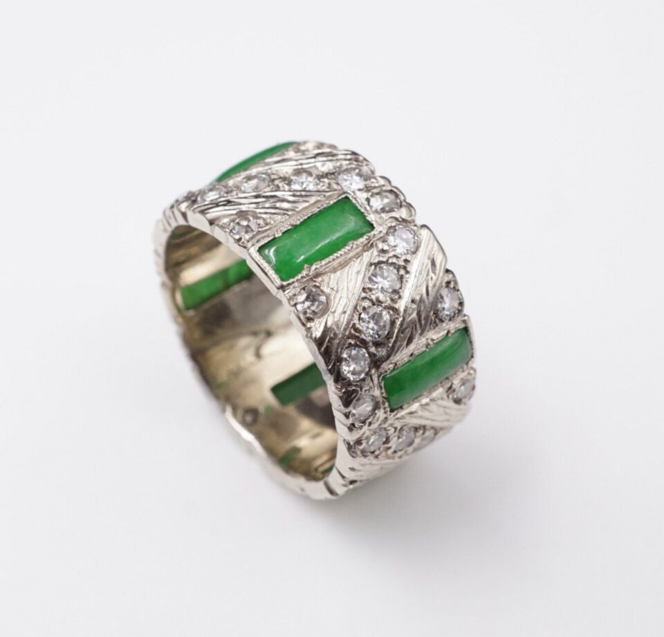 Vintage Apple Green Jade and Diamond Wide Band Ring, 14k Gold