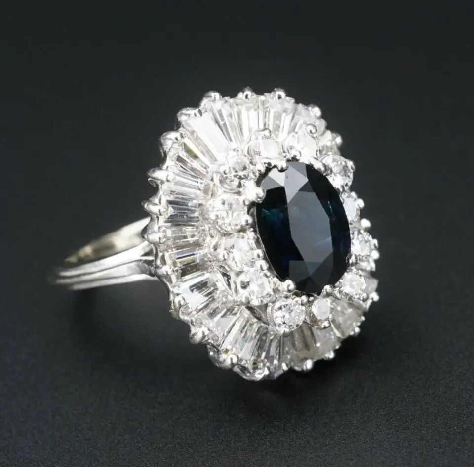Vintage Sapphire and Diamond Ballerina Ring, 7 ctw, 14k White Gold