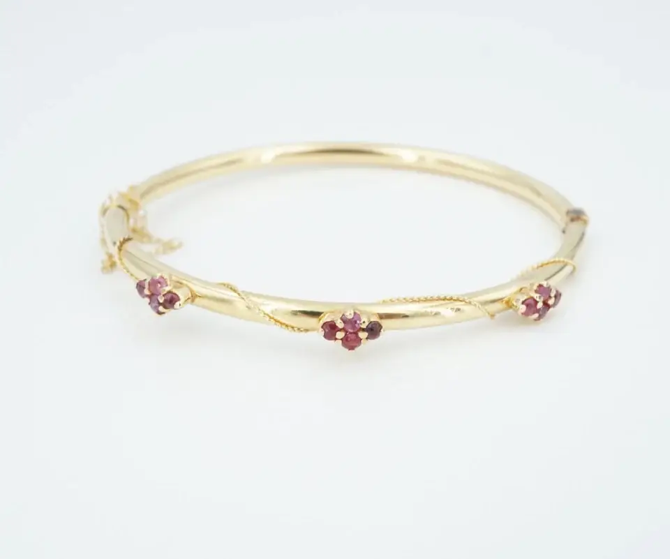 Antique Roped Ruby Hinged Bangle Bracelet, 14k Yellow Gold, view 2