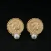 Vintage Roman Coin Style Pearl Drop Earrings, 14k Yellow Gold, view 2
