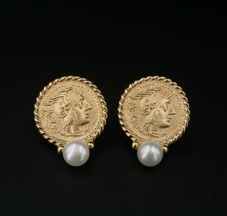 Vintage Roman Coin Style Pearl Drop Earrings, 14k Yellow Gold, view 2
