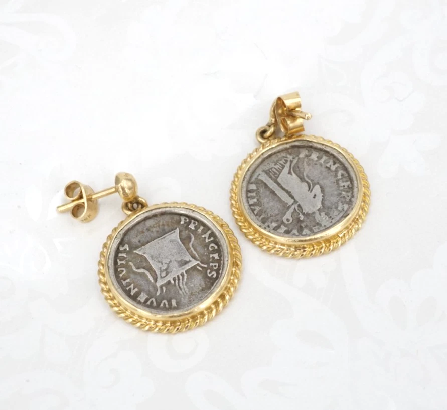 Ancient Roman Domitian Silver Denarius Earrings, 18k Gold, view 3