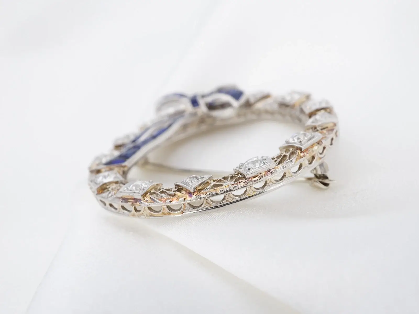 Antique Diamond and Sapphire Wreath Bow Brooch, 14k White Gold, view 4