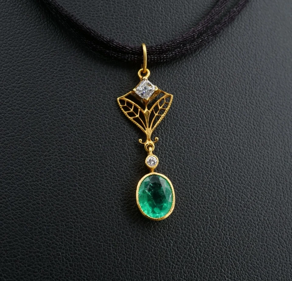 Art Nouveau Style Diamond and Emerald Lavalier Pendant, 18k Gold
