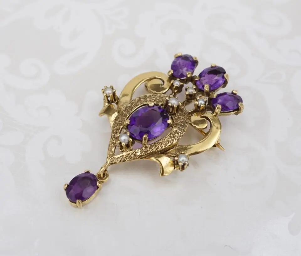 Vintage Amethyst, Diamond and Seed Pearl Pendant Brooch, 14k Gold, view 2