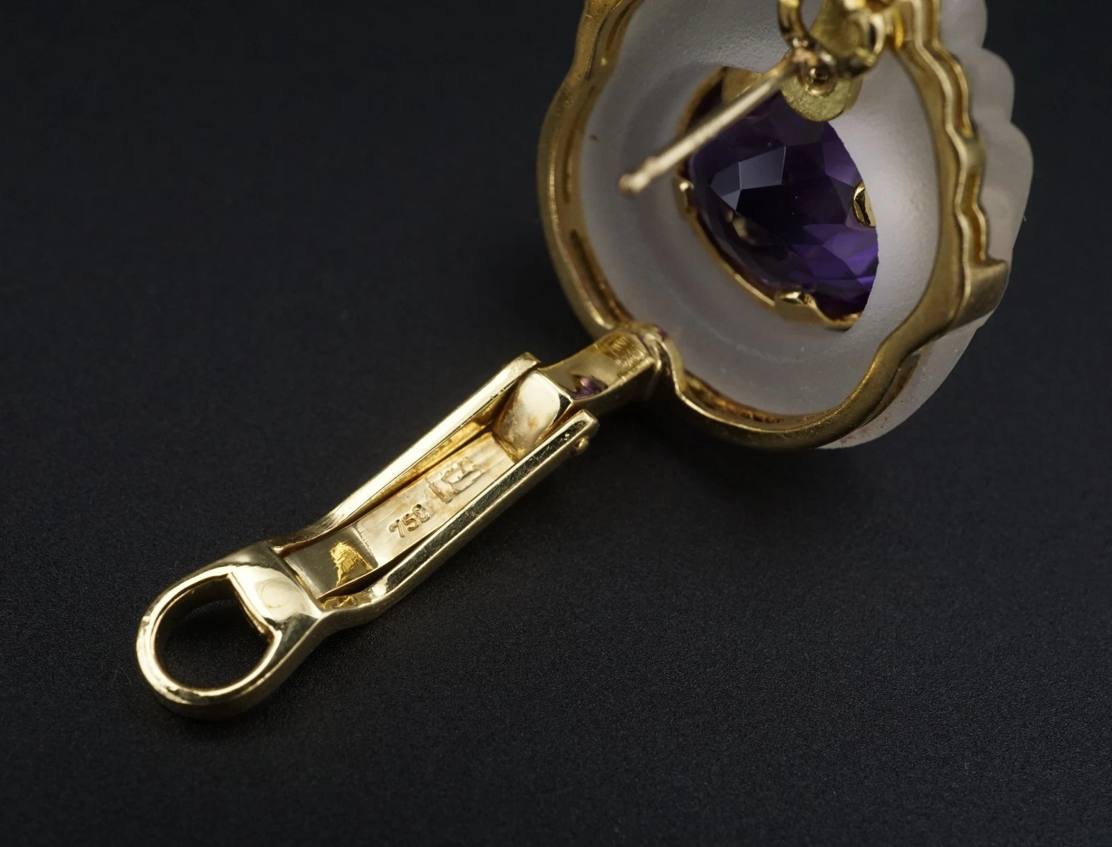 Estate Carved Rock Crystal, Amethyst and Diamond Earrings, 18k Gold, view 4