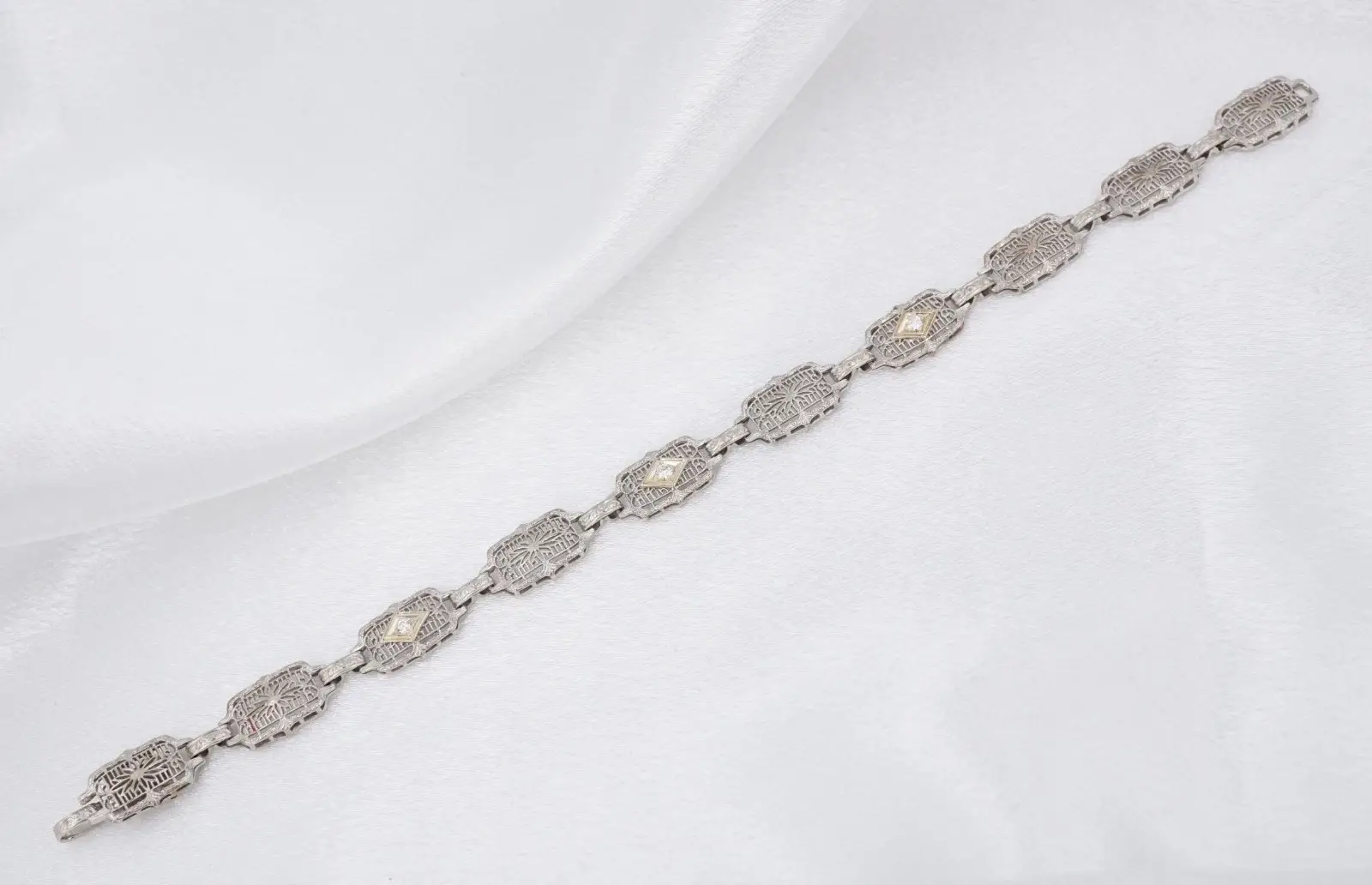 Art Deco Diamond Filigree Panel Bracelet, 14k White Gold, view 6