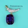 Tiffany Co. Platinum Bird on a Rock Amethyst Diamond Brooch 2 inch 18k Gold - view 1