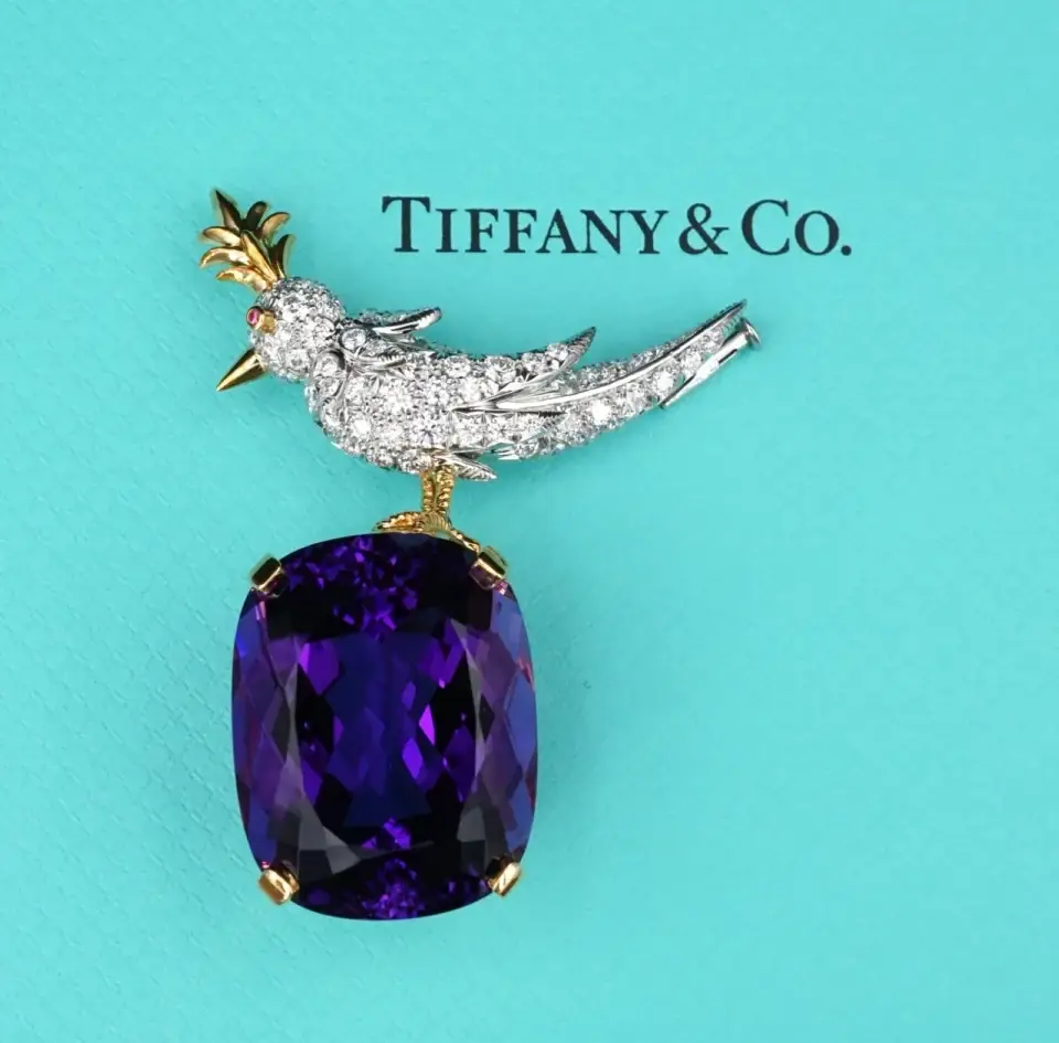Tiffany Co. Platinum Bird on a Rock Amethyst Diamond Brooch 2" 18k Gold CO1371