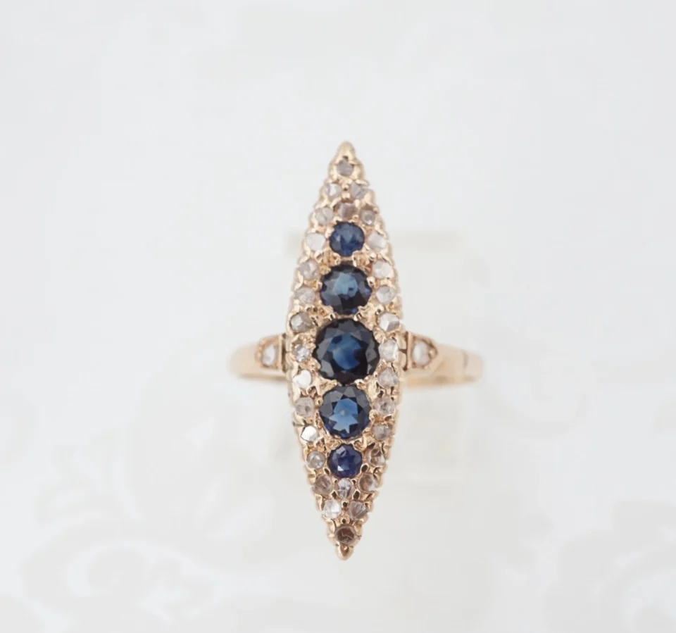 Antique Natural Sapphire and Diamond Navette Halo Ring, 1 Ct, Rose Gold